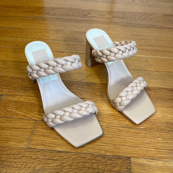 DOLCE VITA CAFE STELLA NAIRI Sandals 8 Tan Nude Braided Square Toe Slide - Picture 1 of 5
